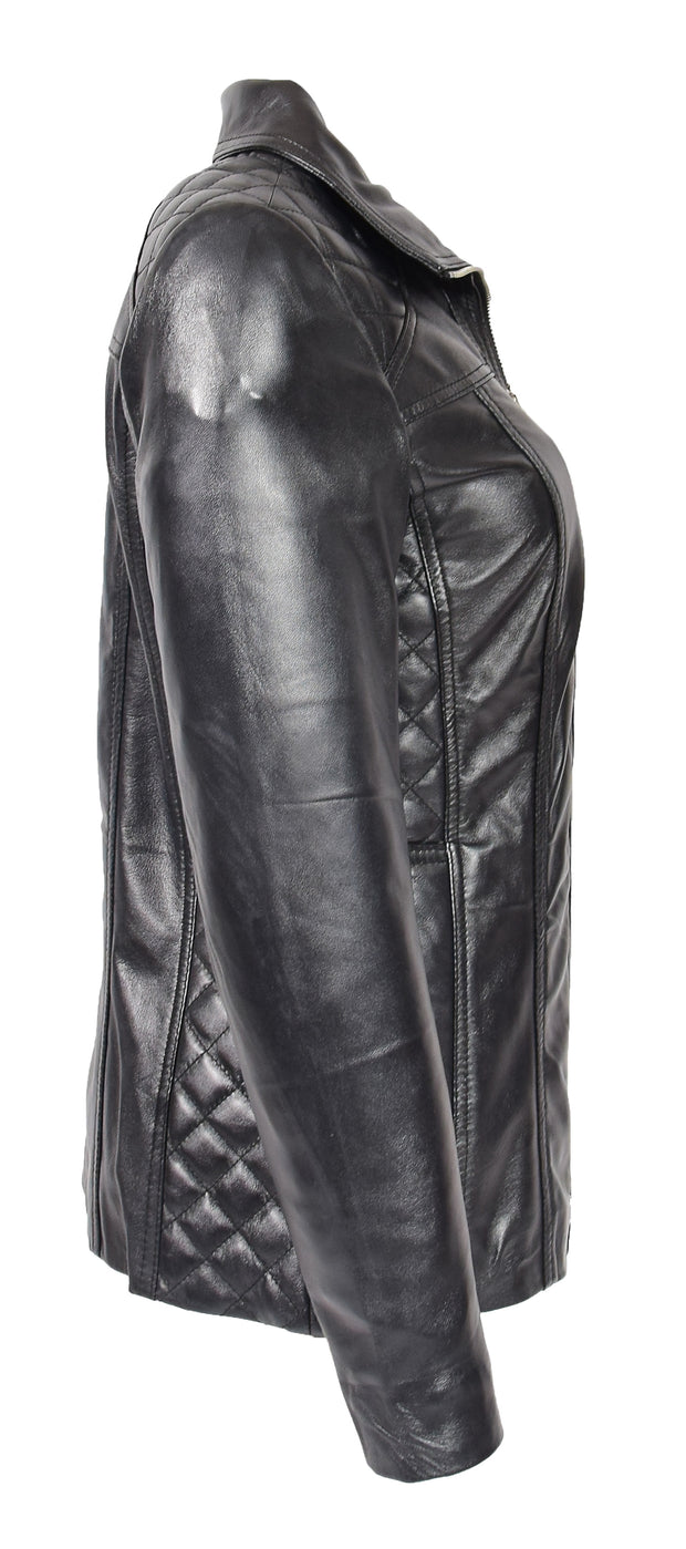 Womens Soft Black Leather Jacket Classic Fitted Quilted Hip Length Zip Fasten Paula