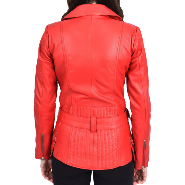 Womens Red Leather Belted Jacket Hip Length With Zip Details Sandra