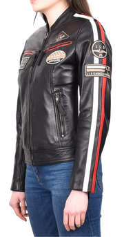 Womens Real Black Leather Cafe Racer Biker Jacket Motorcycle Retro Badges Abby