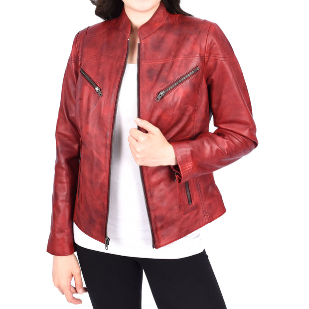 Womens Fitted Leather Biker Jacket Casual Zip Up Coat Jenny Dirty Red-4