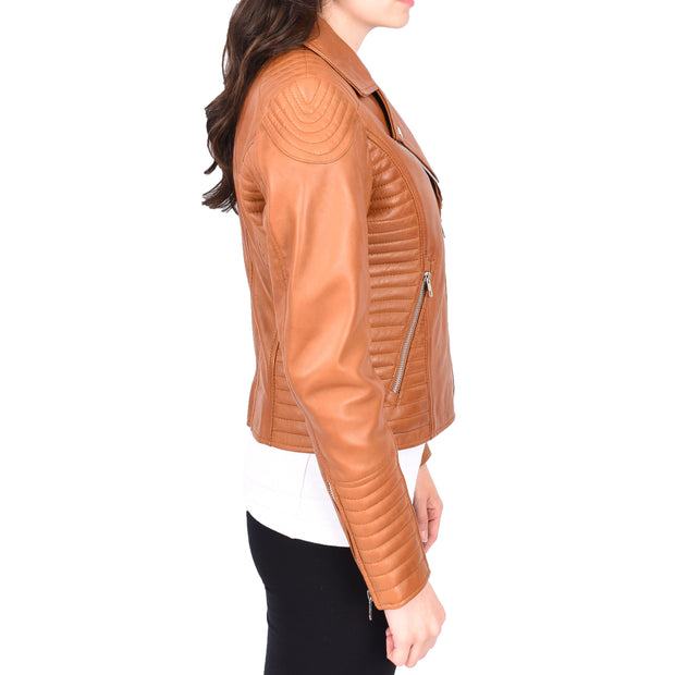 Womens Designer Leather Biker Jacket Fitted Quilted Bonita Tan-4