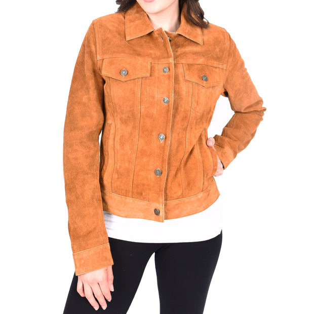 Womens Tan Suede Trucker Jacket American Western Style Marisa