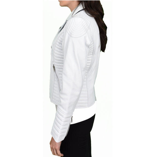 Womens Designer Leather Biker Jacket Fitted Quilted Bonita White-4