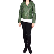 Womens Real Leather Jacket Green Fitted Quilted Trendy Biker Style Bonnie-4