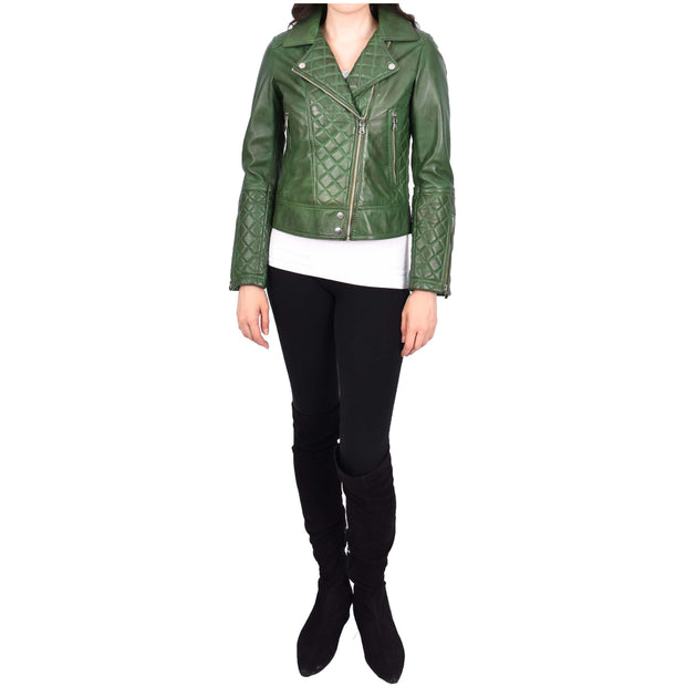 Womens Real Leather Jacket Green Fitted Quilted Trendy Biker Style Bonnie-4