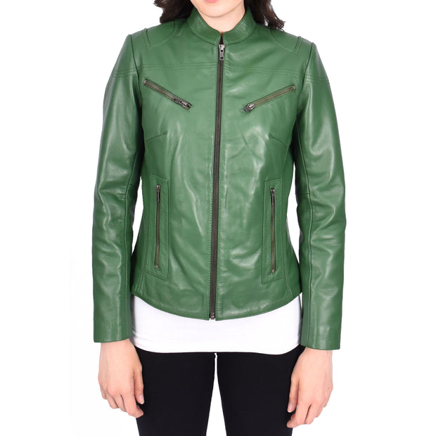 Womens Fitted Leather Biker Jacket Casual Zip Up Coat Jenny Green-4