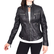 Womens Soft Leather Biker Jacket Black Casual Fitted Trendy Stylish Zoe