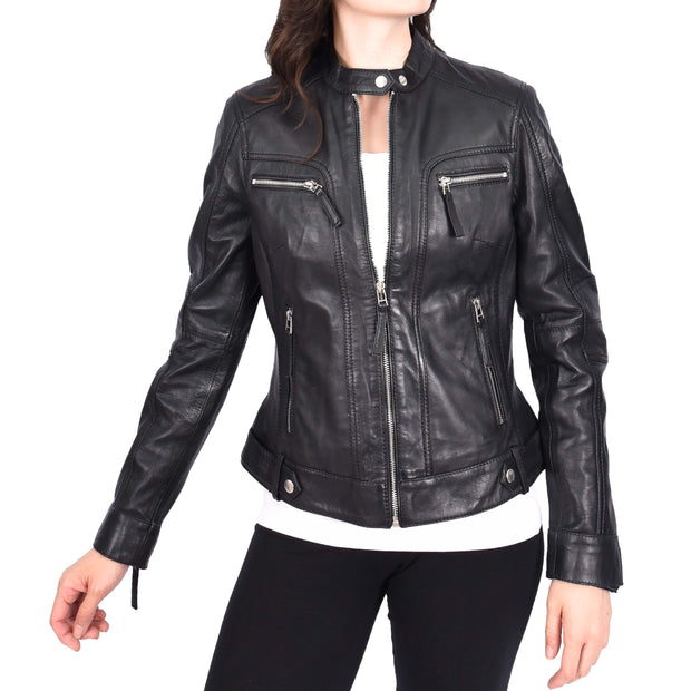 Womens Soft Leather Biker Jacket Black Casual Fitted Trendy Stylish Zoe