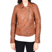 Womens Real Leather Jacket X-Zip Biker Style Fitted Quilted Liz Cognac