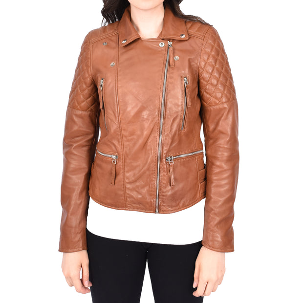 Womens Real Leather Jacket X-Zip Biker Style Fitted Quilted Liz Cognac