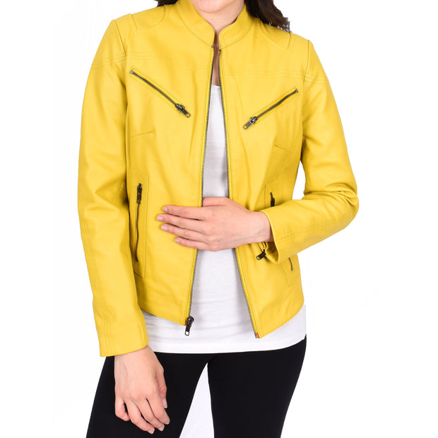 Womens Fitted Leather Biker Jacket Casual Zip Up Coat Jenny Yellow-4