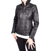 Womens Genuine Black Leather Biker Style Jacket With Removable Hood Sally
