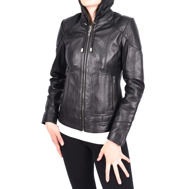 Womens Genuine Black Leather Biker Style Jacket With Removable Hood Sally