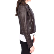 Womens Designer Leather Biker Jacket Fitted Quilted Bonita Brown-4
