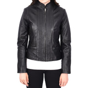 Womens Soft Black Leather Biker Jacket Stand-Up Band Collar Bliss