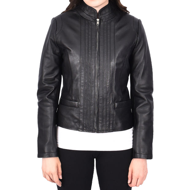 Womens Soft Black Leather Biker Jacket Stand-Up Band Collar Bliss