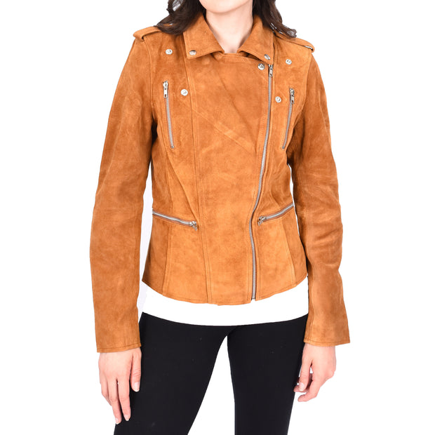 Womens Genuine X-Zip Fitted Biker Tan Suede Leather Jacket Rusty
