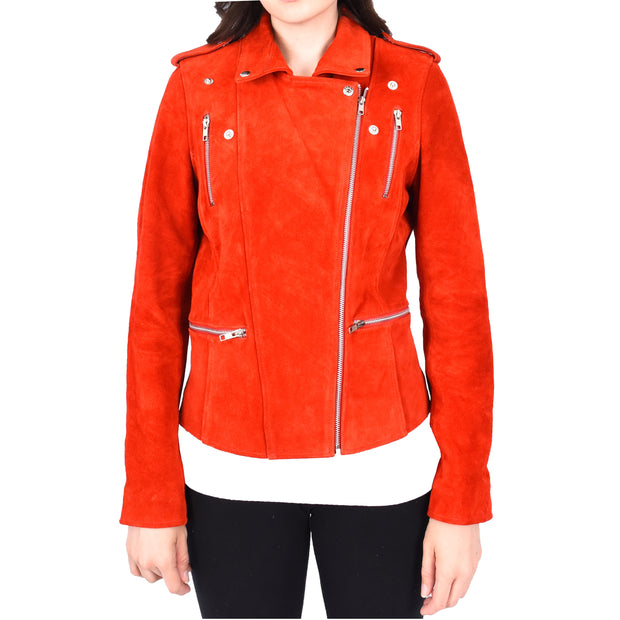 Womens Genuine Red Suede Biker Jacket - Rusty