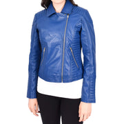 Womens Designer Leather Biker Jacket Fitted Quilted Bonita Blue-3