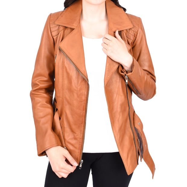 Womens Tan Leather Belted Jacket Hip Length With Zip Details Sandra