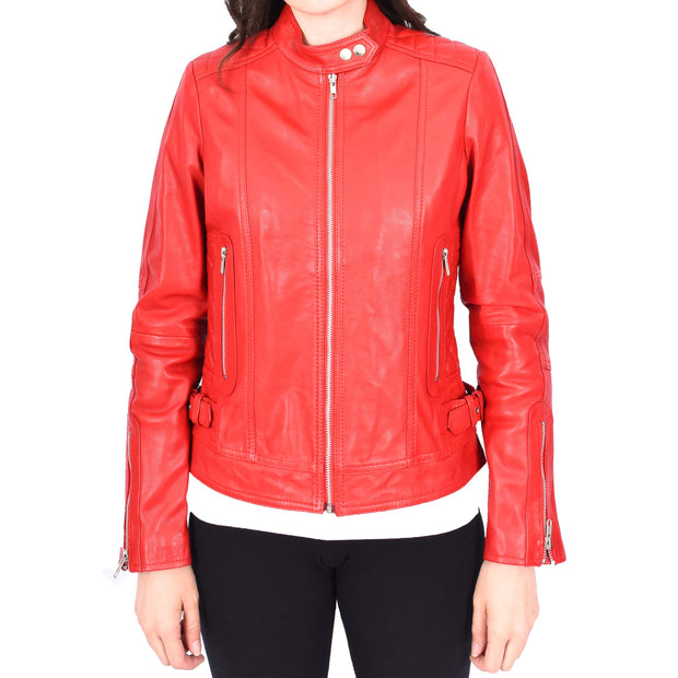 Womens Soft Red Leather Biker Jacket Designer Stylish Fitted Quilted Celeste