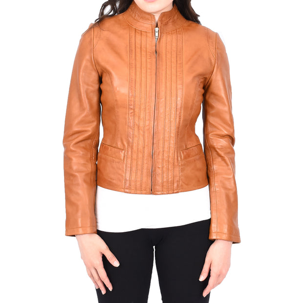 Womens Soft Cognac Leather Biker Jacket Stand-Up Band Collar Bliss