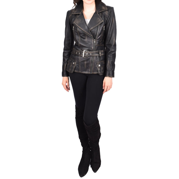 Womens Rub 0ff Leather Belted Jacket Hip Length With Zip Details Sandra