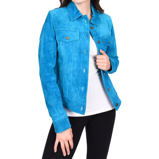 Womens Suede Trucker Jacket Teal Blue American Western Style Marisa
