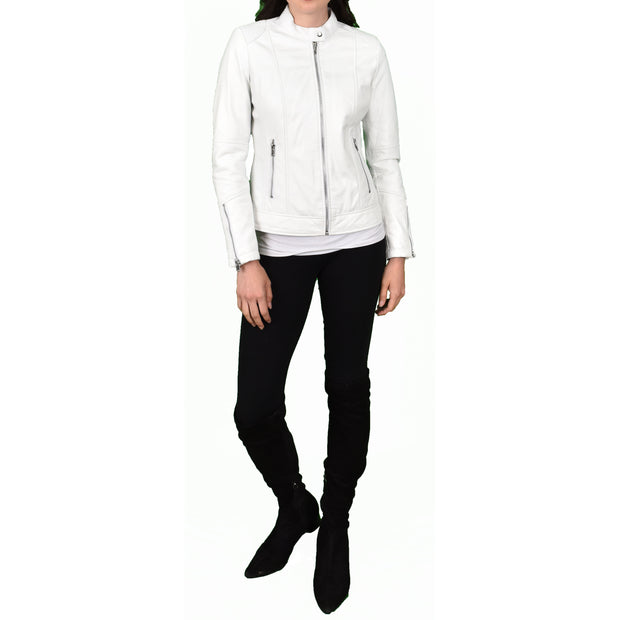 Womens Genuine Leather Biker Jacket Zip Casual Naomi White-4