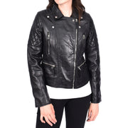 Womens Real Leather Jacket X-Zip Biker Style Fitted Quilted Liz Black