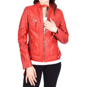Womens Soft Leather Biker Jacket Red Casual Fitted Trendy Stylish Zoe