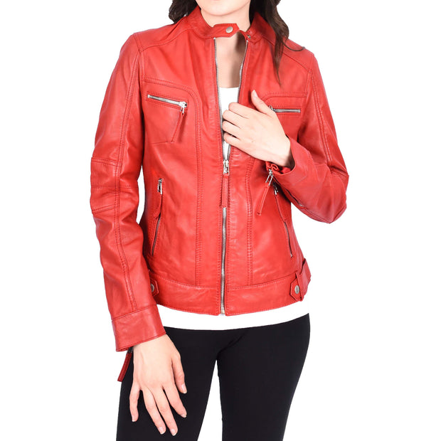 Womens Soft Leather Biker Jacket Red Casual Fitted Trendy Stylish Zoe