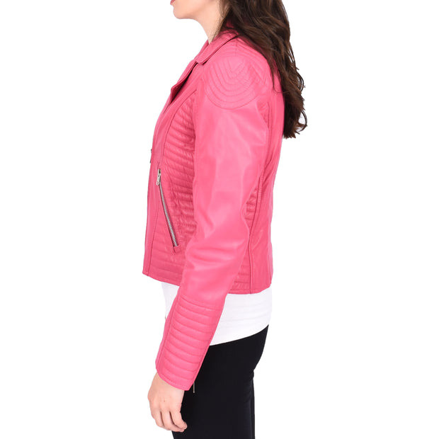 Womens Designer Leather Biker Jacket Fitted Quilted Bonita Pink-4