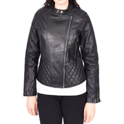 Trendy Black Leather Biker Jacket For Women Quilted Fitted Band Collar Penny