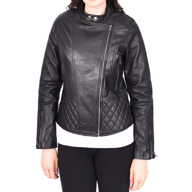 Trendy Black Leather Biker Jacket For Women Quilted Fitted Band Collar Penny