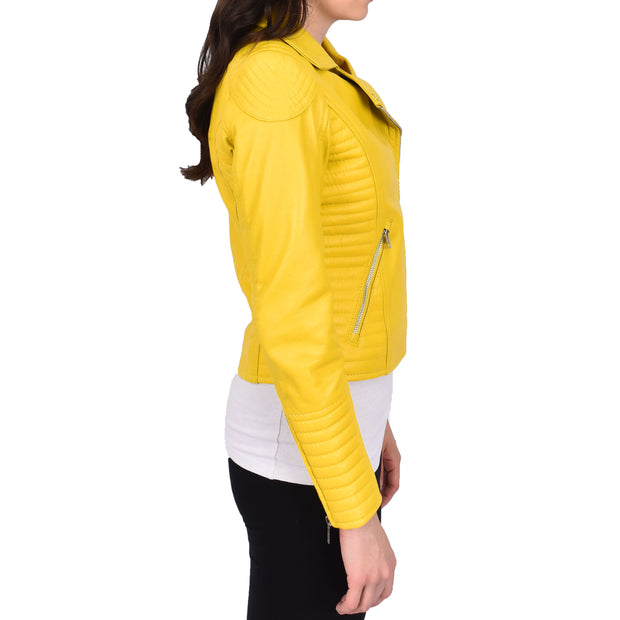 Womens Designer Leather Biker Jacket Fitted Quilted Bonita Yellow-4