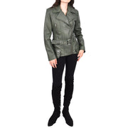 Womens Green Leather Belted Jacket Hip Length With Zip Details Sandra