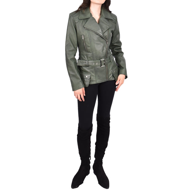 Womens Green Leather Belted Jacket Hip Length With Zip Details Sandra