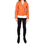 Womens Real Leather Jacket Orange Fitted Quilted Trendy Biker Style Bonnie-4