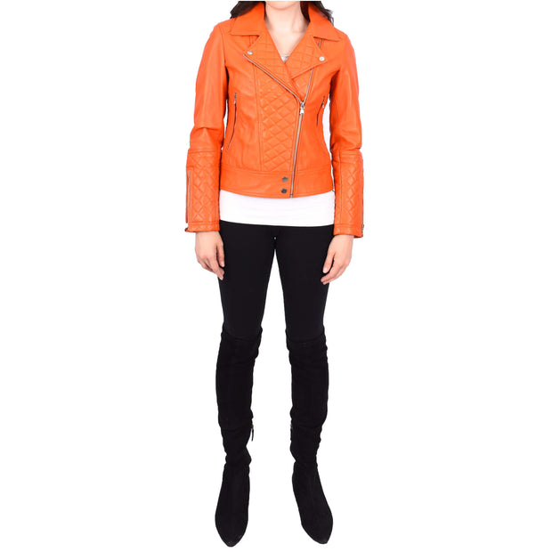 Womens Real Leather Jacket Orange Fitted Quilted Trendy Biker Style Bonnie-4
