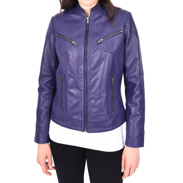 Womens Fitted Leather Biker Jacket Casual Zip Up Coat Jenny Purple-4