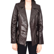Womens Brown Leather Belted Jacket Hip Length With Zip Details Sandra