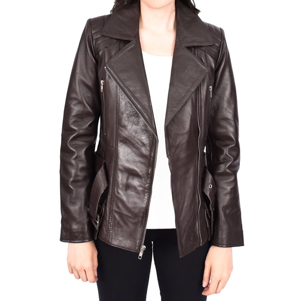 Womens Brown Leather Belted Jacket Hip Length With Zip Details Sandra