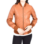 Womens Real Leather Bomber Jacket Tan Diamond Quilted Fitted Varsity Storm