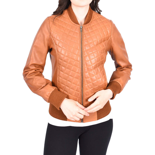 Womens Real Leather Bomber Jacket Tan Diamond Quilted Fitted Varsity Storm