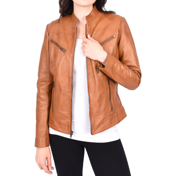 Womens Fitted Leather Biker Jacket Casual Zip Up Coat Jenny Tan-4