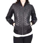 Womens Real Leather Bomber Jacket Black Diamond Quilted Fitted Varsity Storm