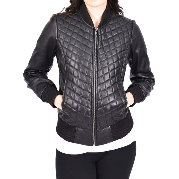 Womens Real Leather Bomber Jacket Black Diamond Quilted Fitted Varsity Storm