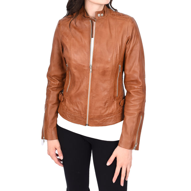 Womens Soft Tan Leather Biker Jacket Designer Stylish Fitted Quilted Celeste