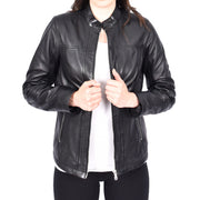 Womens Soft Leather Biker Jacket Fitted Zip Fasten Band Collar Casual Style Mia Black